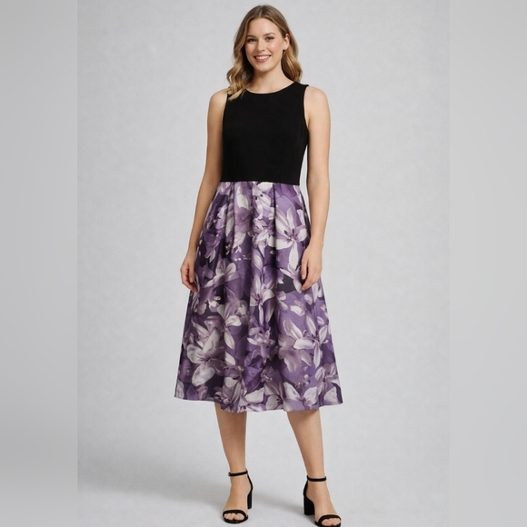 SLNY Dresses & Skirts - SLNY Black Bodice Purple Floral Midi Dress